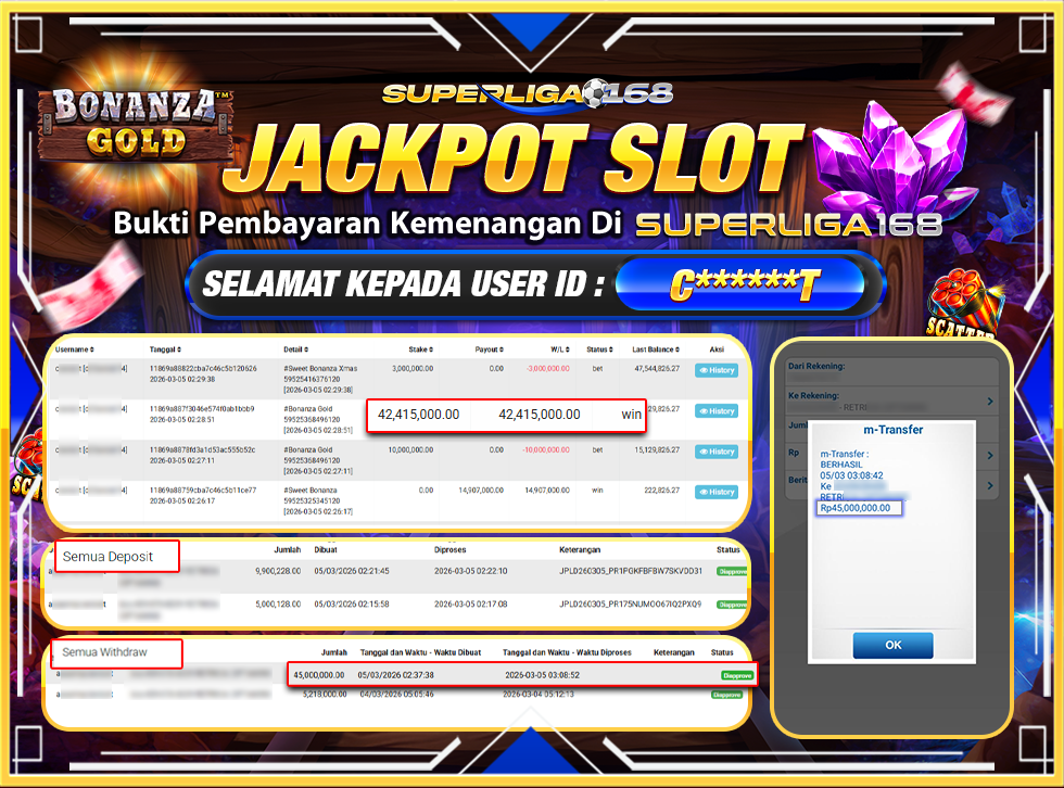 SUPERLIGA168  BONANZA GOLD Rp.45,000,000LUNAS